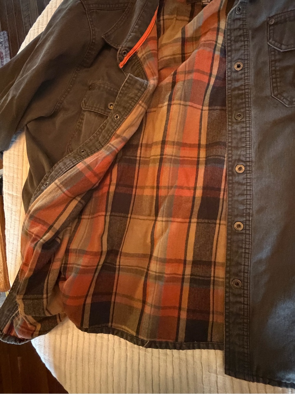 Legendary Whitetails Tobacco brown Shacket with Orange and Tan Plaid Lining